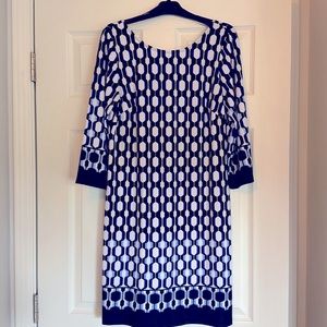NWOT AB Studio career wear dress. Cobalt, white black, baby blue, flatters shape